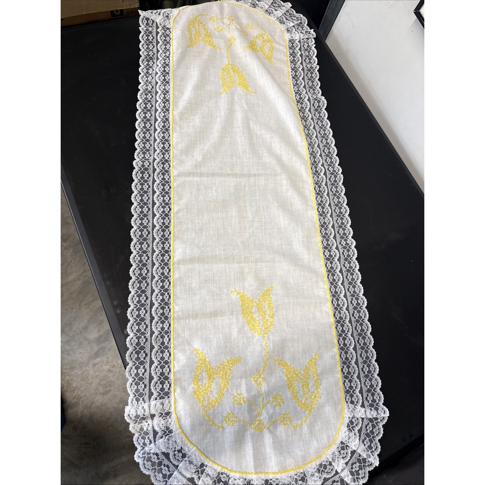 Lace Trim Cross Stitched White Light Yellow Floral Table Runner 39" X  14"